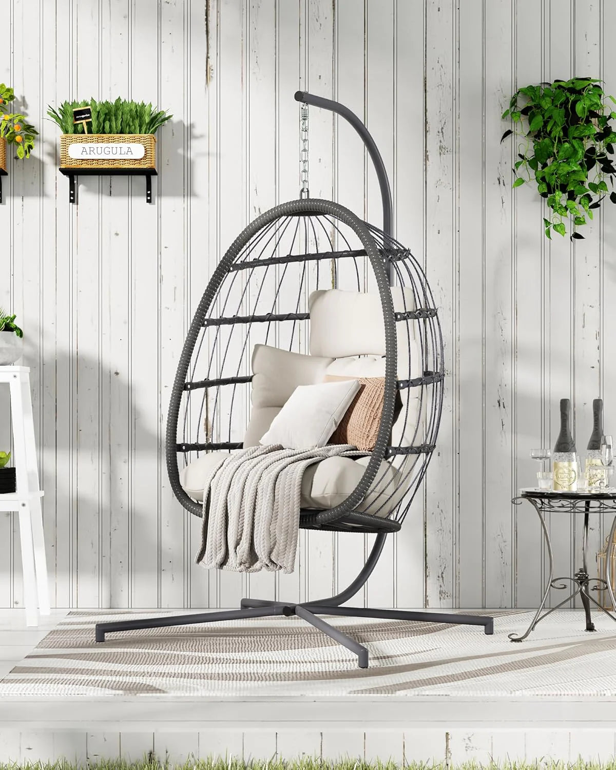 HWB Hanging Egg Chair Patio Wicker Hammock Egg Swing Chair with Cushion for Bedroom