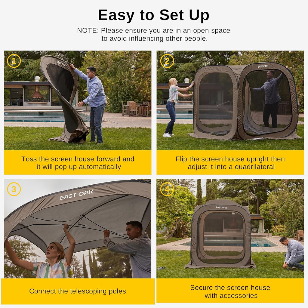 EAST OAK Screen House Tent Pop-Up, Portable Screen Room Canopy Instant Screen Tent 10 x 10 FT with Carry Bag for Patio, Backyard, Deck & Outdoor Activities, Beige