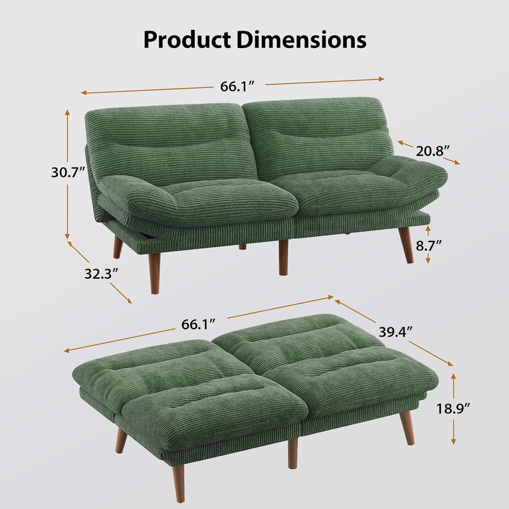 Convertible Futon Sofa Bed 66 Inch Corduroy Futon Sofa Recliner Sofa Bed for Small Spaces