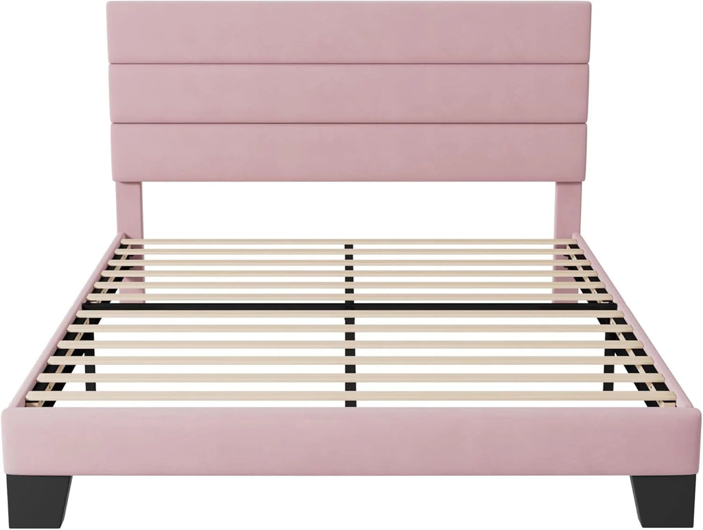 Allewie King size platform bed frame with velvet upholstered headboard and planks