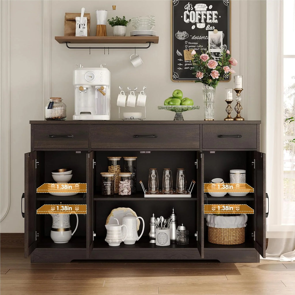 Sideboard with drawers, large 55-inch sideboard, sideboard storage with shelves and doors, modern farmhouse coffee bar wood kitchen dining table