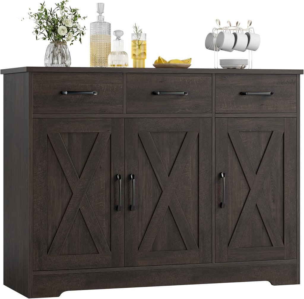 Modern farmhouse sideboard, barn door buffet storage cabinet with drawers and shelves, wooden coffee bar with storage
