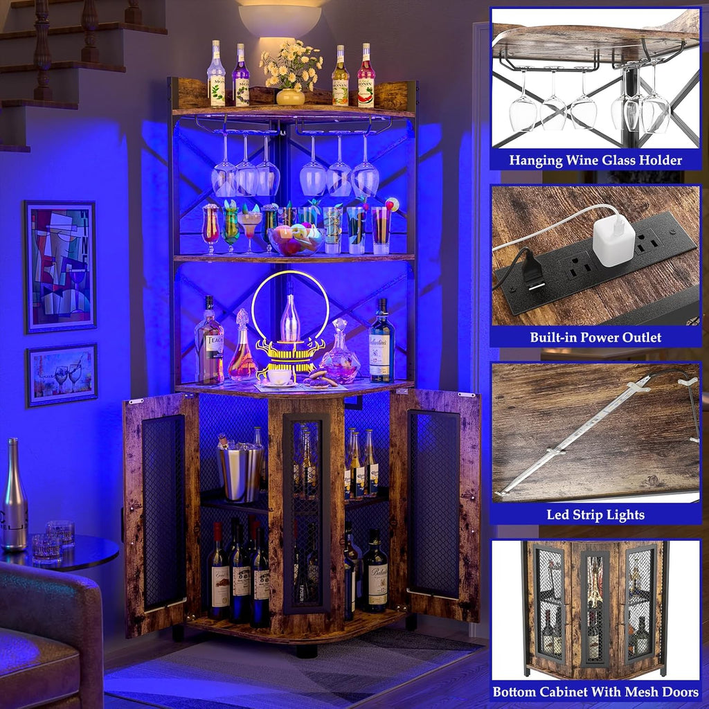 Corner bar cabinet with power socket, industrial style wine cabinet with LED light strip and glass rack, home five-layer wine cabinet bar unit, small space corner display cabinet