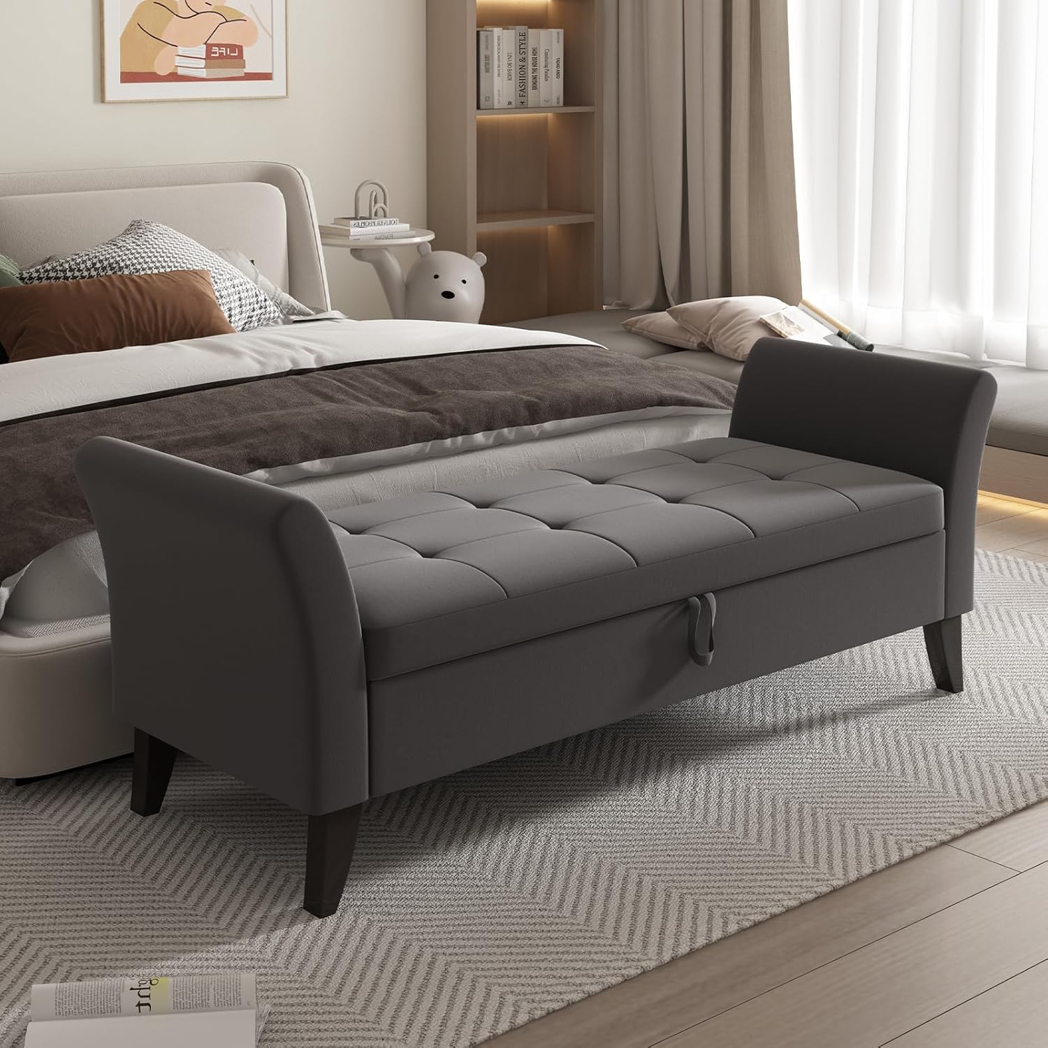 Furniliving Modern Storage Ottoman Bench, Sherpa Ottoman End of Bed Bench with Solid Wood Legs Upholstered Ottoman Benches with Storage Indoor Bench