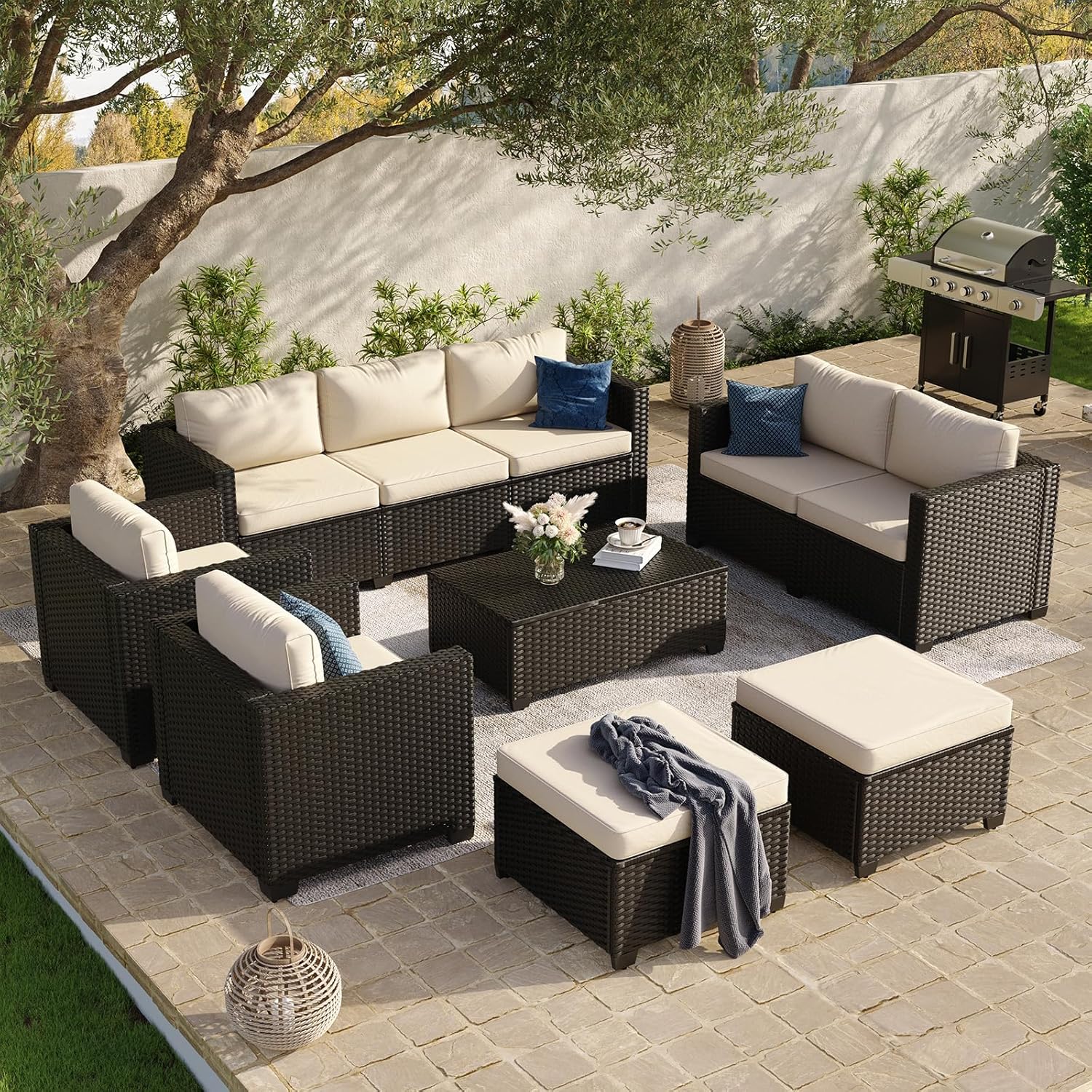 Aoxun 8 Piece Outdoor Patio Furniture Set 7 Seats, Outdoor Sectional with Thick Waterproof Cushions & Storage Coffee Table, Patio Conversation Sets for Garden,Backyard, Porch, Balcony, Deck, Beige