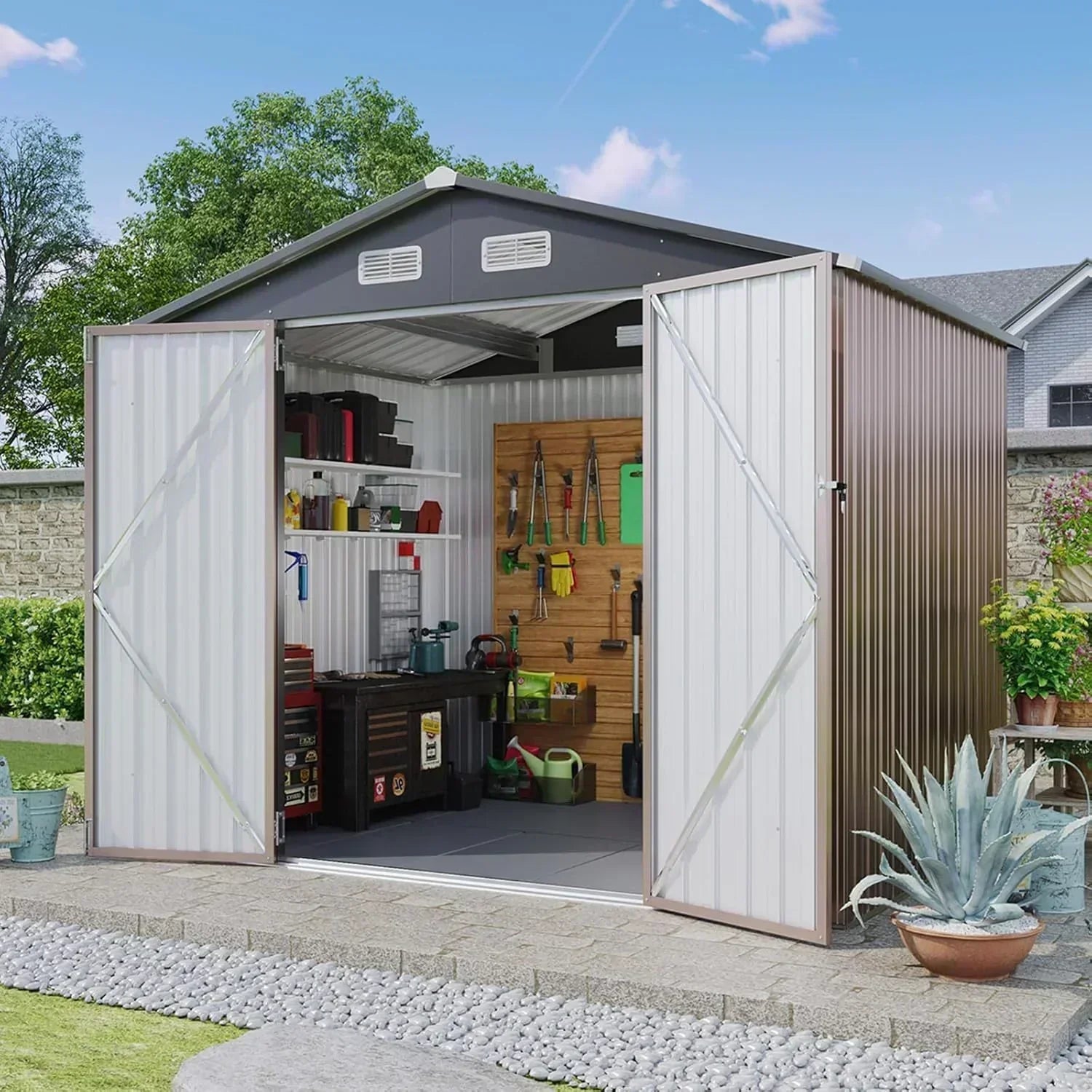 Aoxun 6.2x4 FT Shed Outdoor Storage Shed Metal Garden Shed Sloping Roof Tool Shed Bike Shed