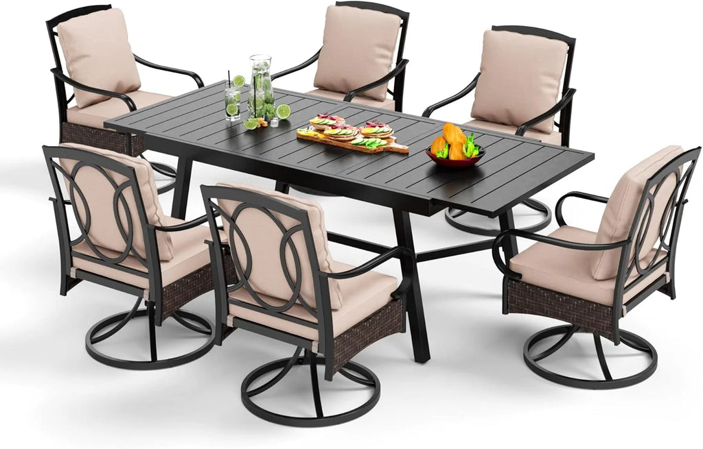 PHI VILLA 6-Piece Outdoor Dining Sets, All-Weather Patio Table and Chairs Set with Umbrella for 4, Heavy Duty Patio Round Table Set for Deck, 4 Extra Large Outdoor Swivel Chairs with Thick Cushions