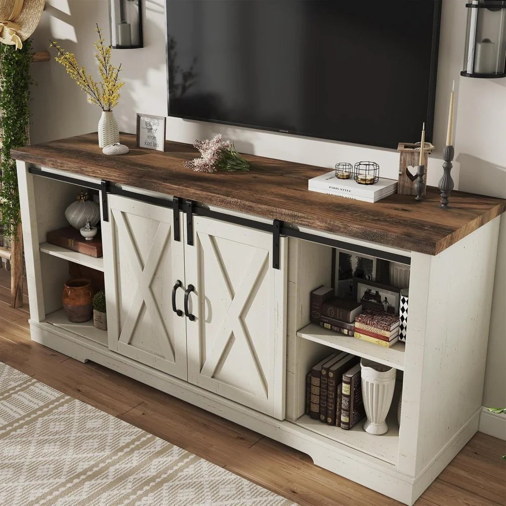 AMERLIFE Fireplace TV Stand with Sliding Barn Door for TVs up to 73, Farmhouse 63 Fireplace Entertainment Center with Storage Cabinets/Adjustable Shelves