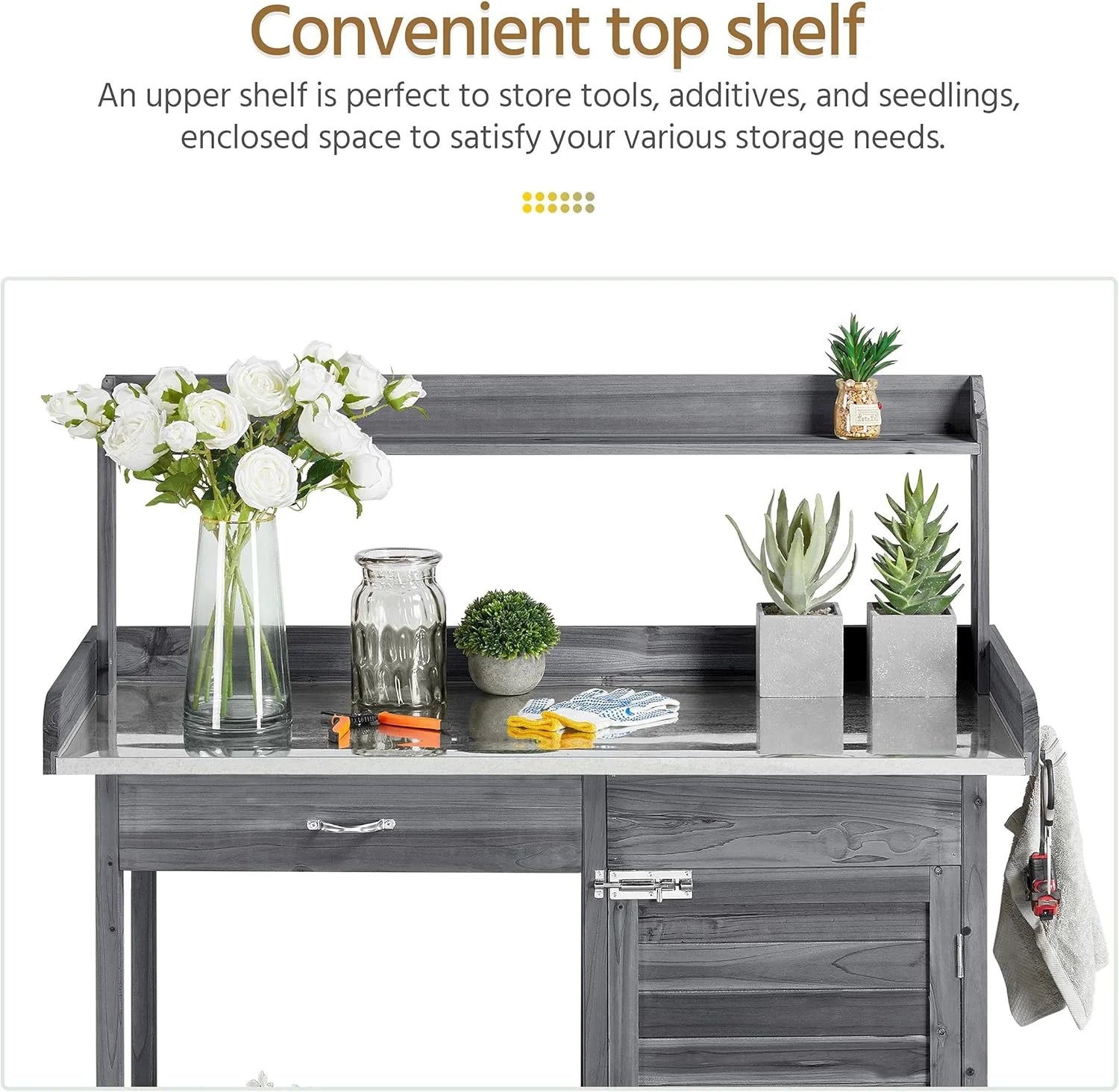 Yaheetech Outdoor Garden Potting Bench Table Work Bench Metal Tabletop W/Cabinet Drawer Open Shelf Natural Wood