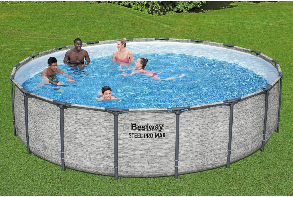 Steel Pro MAX 14 Foot x 48 Inch Round Metal Frame Above Ground Outdoor Swimming Pool Set with 1,000 Filter Pump, Ladder, and Cover, Gray