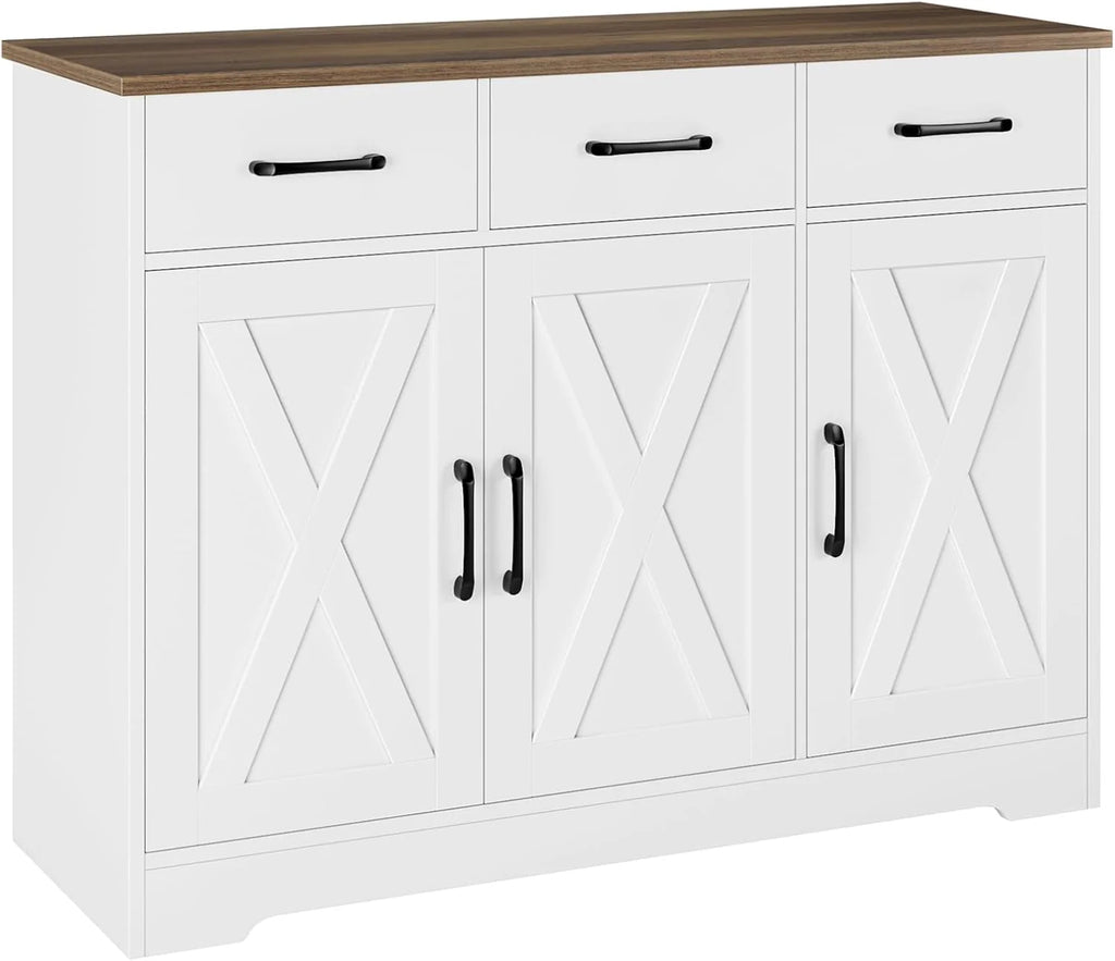Modern farmhouse sideboard, barn door buffet storage cabinet with drawers and shelves, wooden coffee bar with storage