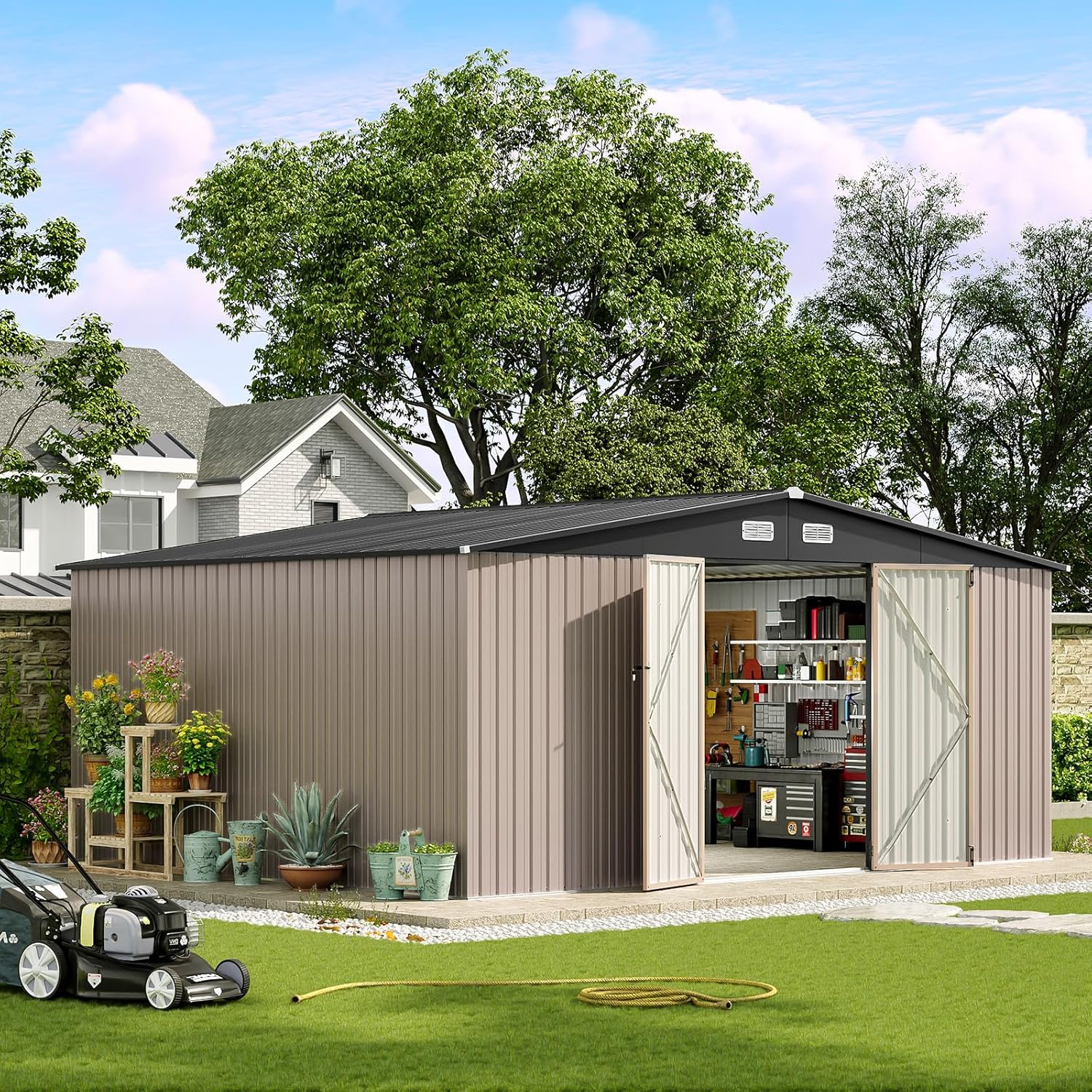 Aoxun 12x10 FT Shed Metal Outdoor Waterproof Storage Shed Steel Utility Garden Tool Shed with Door & Lock Outdoor Storage for Garden Patio Lawn Poolside, Brown