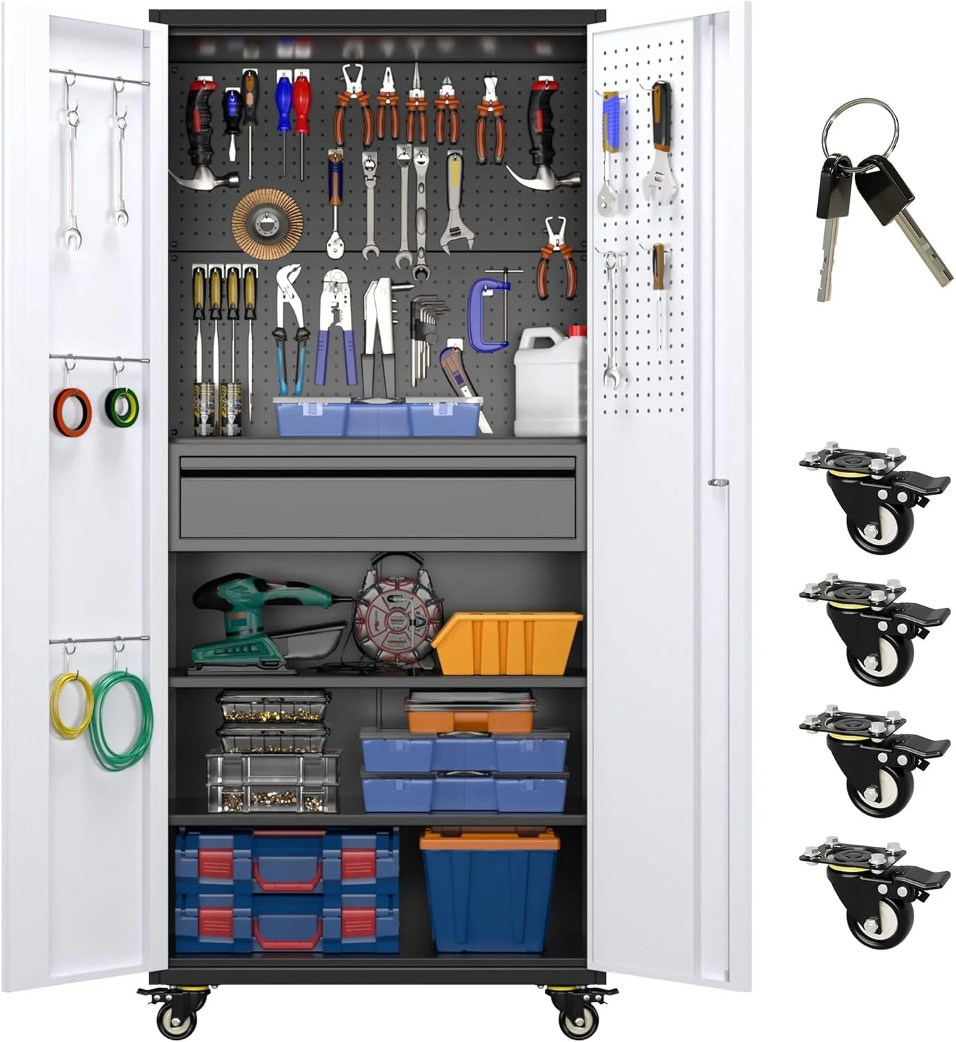 Aobabo Upgraded Garage Storage Cabinets with Wheels,Metal Storage Cabinets with 5 Adjustable Shelves for Garage Home Office Storage, Black,71''H*34''W*18''D,Assembly Required