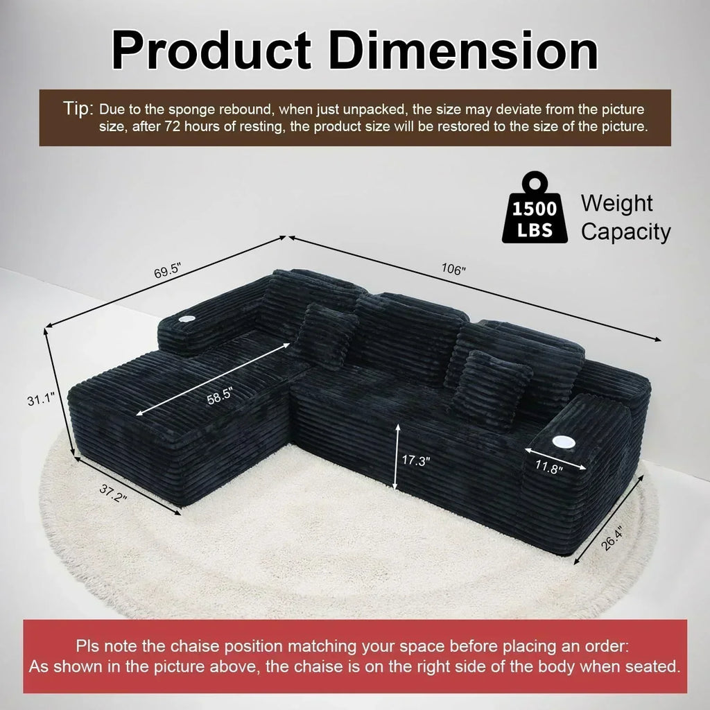 Cloud Sectional Couch with L Shape Chaise Modern Modular Sofa with Deep Seat Built in Cup Holder