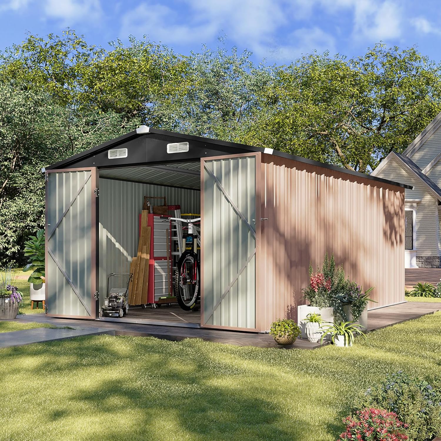 Aoxun 10 x 12FT Outdoor Storage Shed with Double Hinged Large Door Utility Garden Shed
