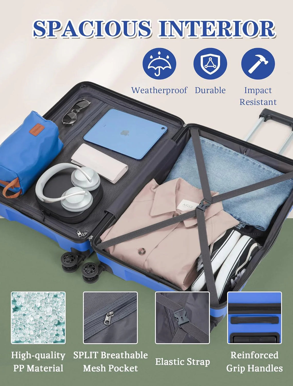 5-piece luggage set with wheels, ABS hardshell suitcase with spinner wheels