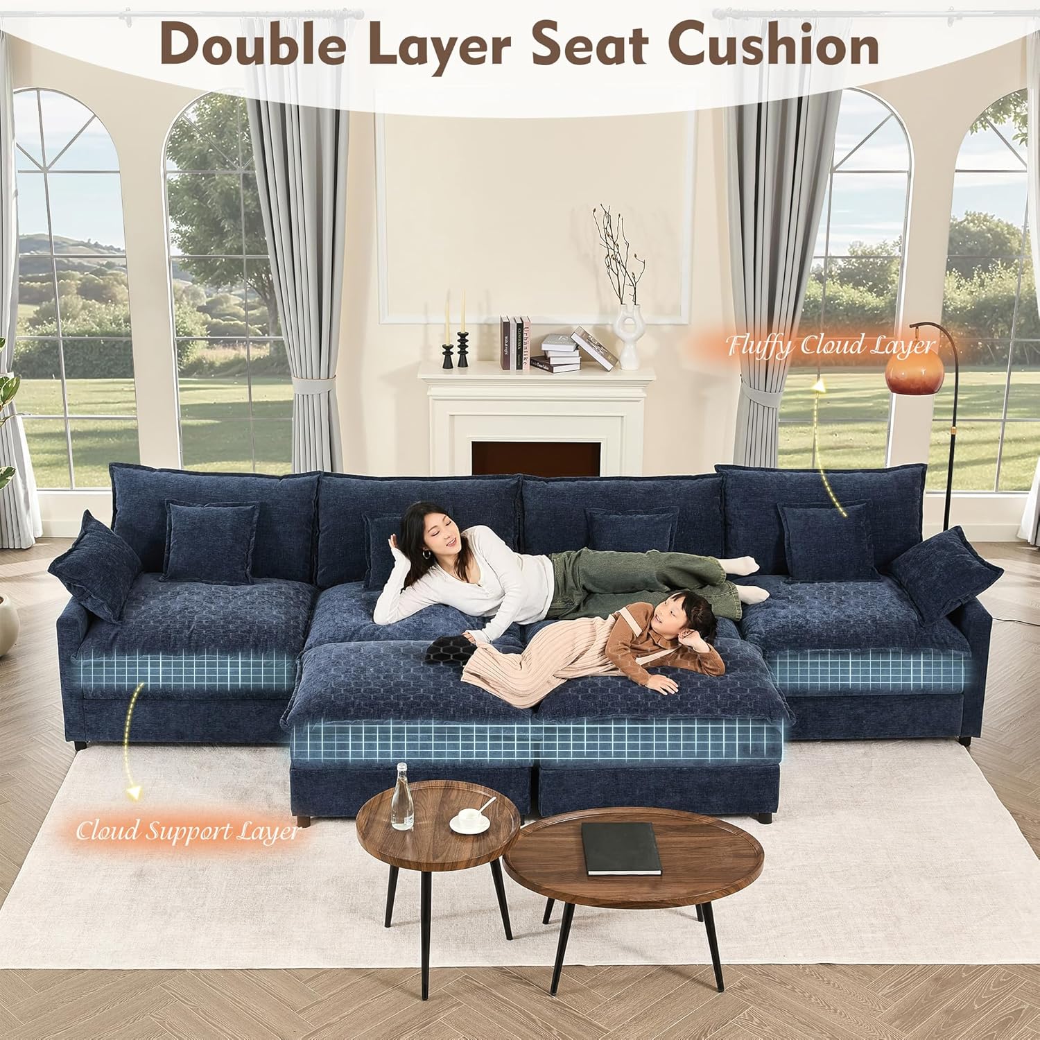 108 Inch U Shape Sofa Sectional Sofa Comfortable Cloud Sofa with Removable Footstool