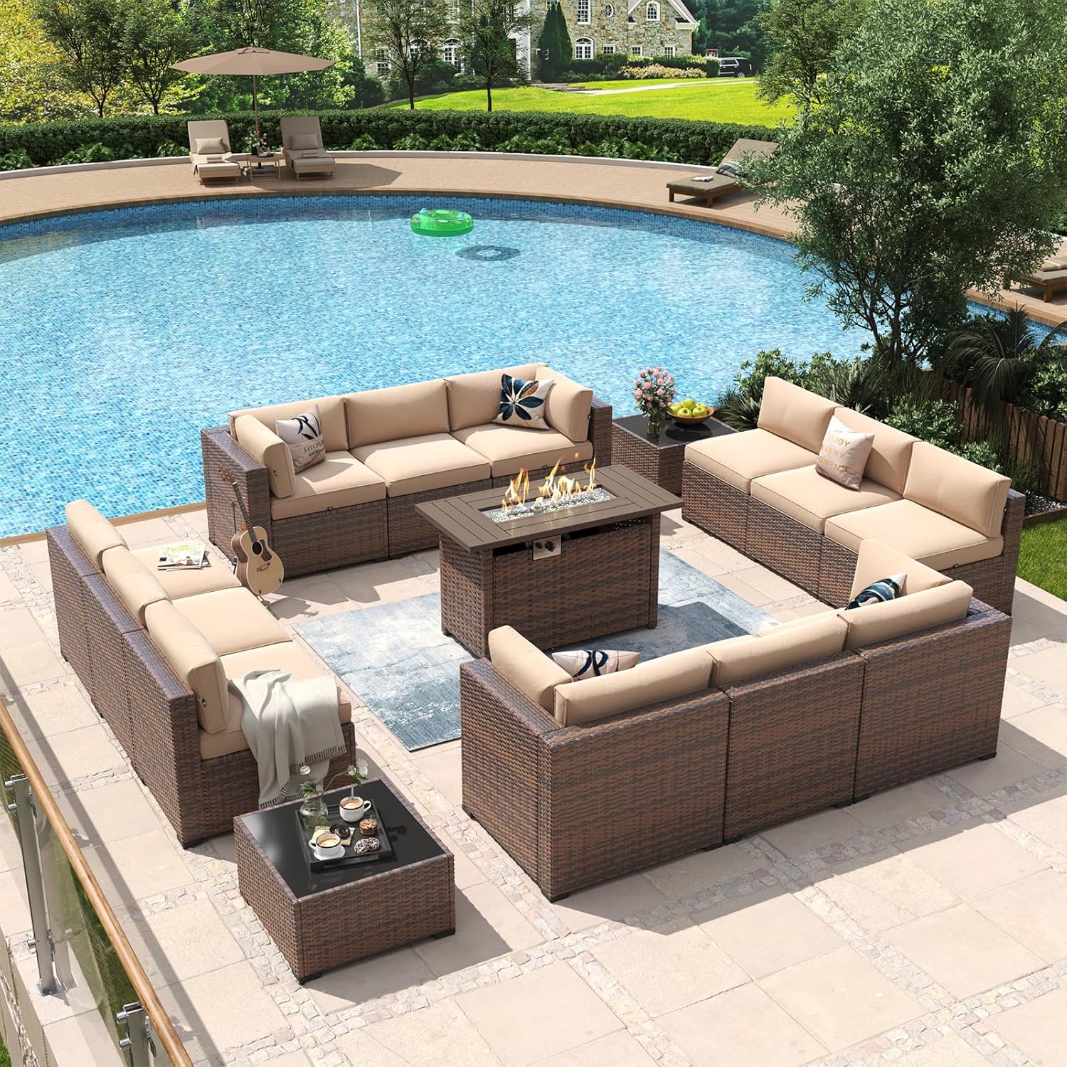 Aoxun 8 Piece Patio Furniture Set with 44?Fire Pit Table Wicker Rattan Outdoor Sectional Sofa Set with Coffee Table and Thickened Cushions, Beige (Waterproof Cover Included)