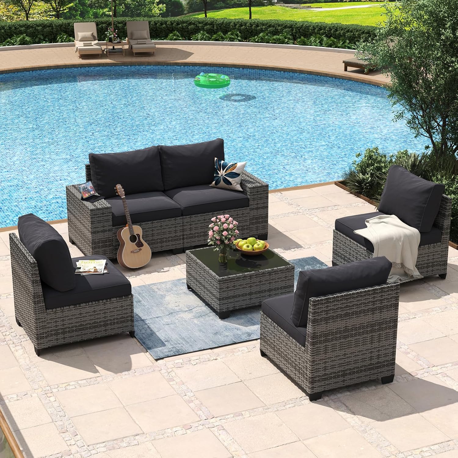 Aoxun 8 Piece Patio Furniture Set with 44?Fire Pit Table Wicker Rattan Outdoor Sectional Sofa Set with Coffee Table and Thickened Cushions, Beige (Waterproof Cover Included)
