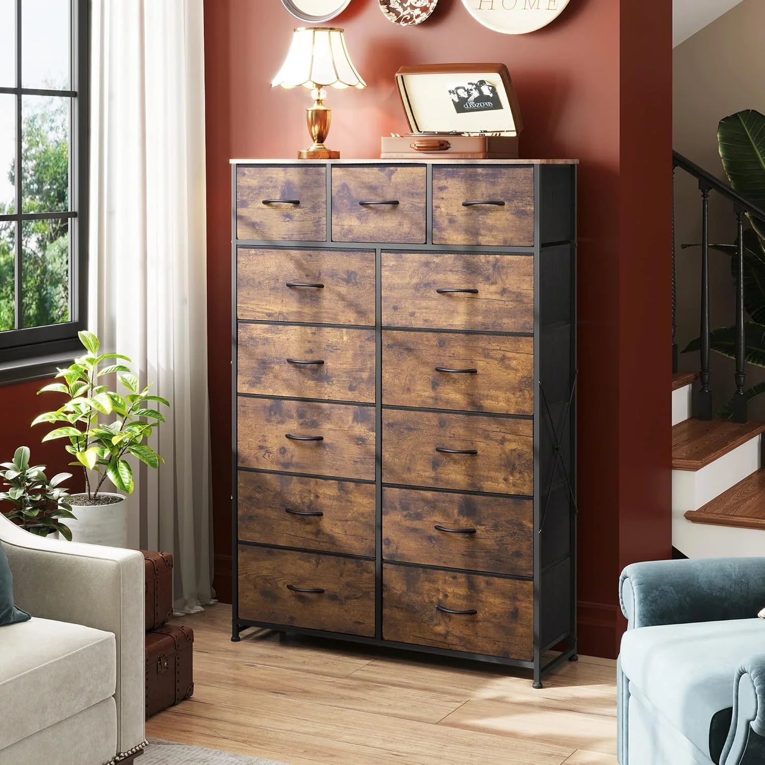 WLIVE Storage Organizer Unit with 13 Fabric Bins, Storage Drawers Organizer with Steel Frame, Tall Storage Tower Organizaton for Living Room, Hallway, Office, Charcoal Black