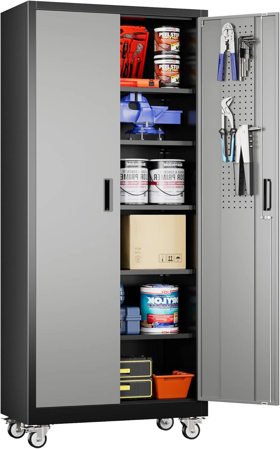 Aobabo Upgraded Garage Storage Cabinets with Wheels,Metal Storage Cabinets with 5 Adjustable Shelves for Garage Home Office Storage, Black,71''H*34''W*18''D,Assembly Required