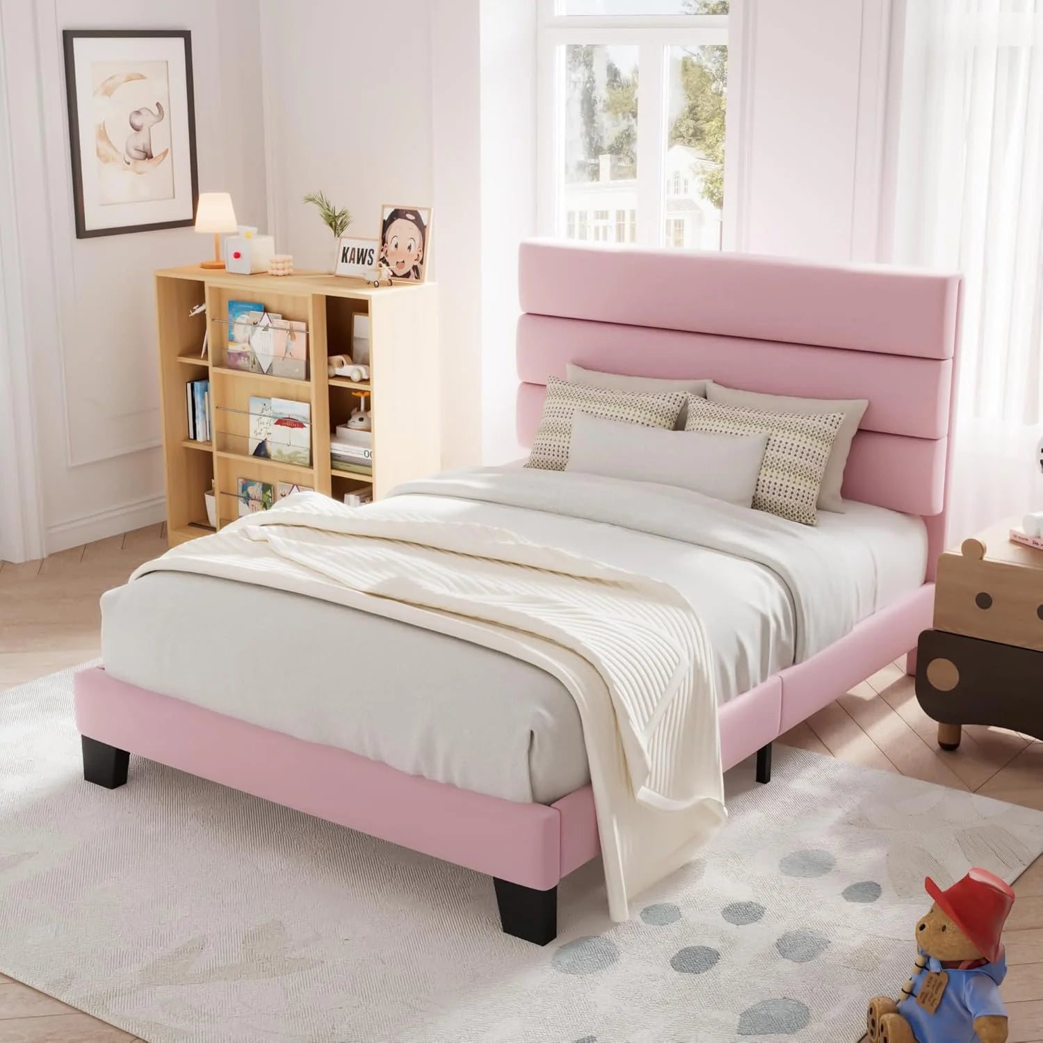 Allewie Queen Size Platform Bed Frame Fabric Upholstered Headboard Wooden Slats Support